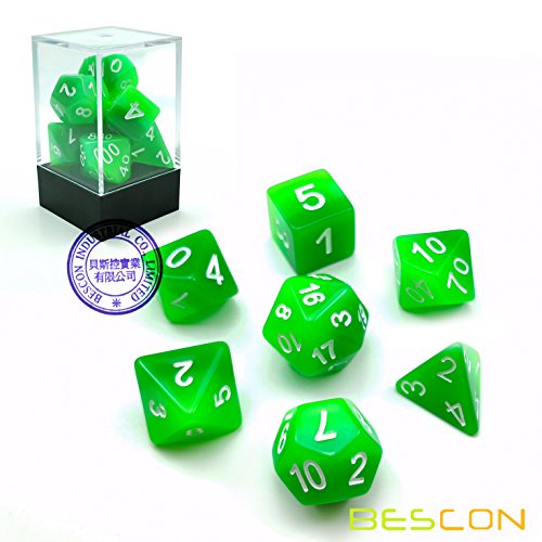 Bescon Gradient Glowing Polyhedral Dice 7pcs Set Forest Light, Gradual Luminous RPG Dice Set Glow in Dark, Novelty DND Game Dice d4 d6 d8 d10 d12 d20 d% in Brick Box - color: Forest Light