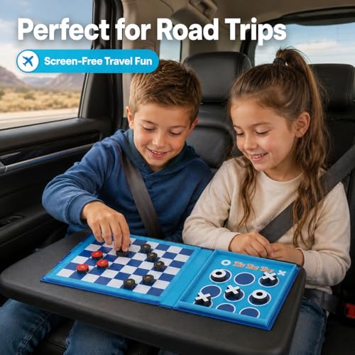 2-in-1 Travel Checkers and Tic Tac Toe Game for Kids Ages 8-12, Magnetic Checkers Board Game, Foldable Road Trip and Plane Activities - style: Checkers&Tic-Tac-Toe
