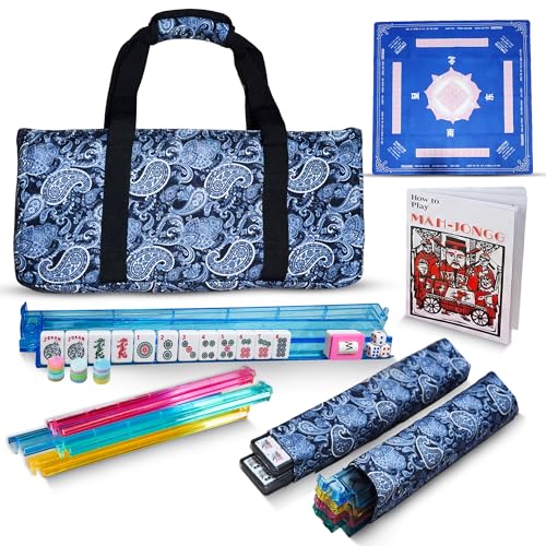 American Mahjong Tile Set with Mat - Premium Quality Melamine Mahjong Set with 166 Scratch-Resistant Tiles, Complete Accessories, and Portable Blue Carrying Case for Timeless Fun