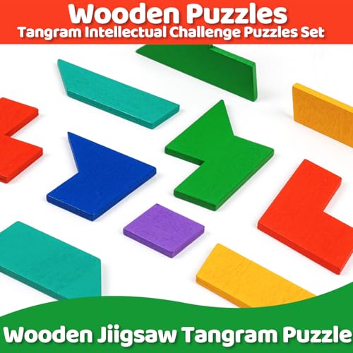 Wooden Brain Teaser Puzzles,Montessori Tangrams Pattern Blocks Logic Board Geometric Shapes Jigsaw Puzzle Games for Kids Ages 3-5,4-6(3Pack) - style: Puzzle set-3pcs