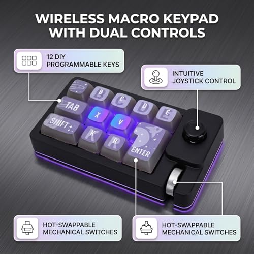 One Handed Mechanical Keyboard, 12 Key RGB Programmable Macro Keypad with Hot Swappable Switches, Knob and 2.4G Bluetooth Wired Connection for Gaming PC
