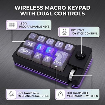 One Handed Mechanical Keyboard, 12 Key RGB Programmable Macro Keypad with Hot Swappable Switches, Knob and 2.4G Bluetooth Wired Connection for Gaming PC