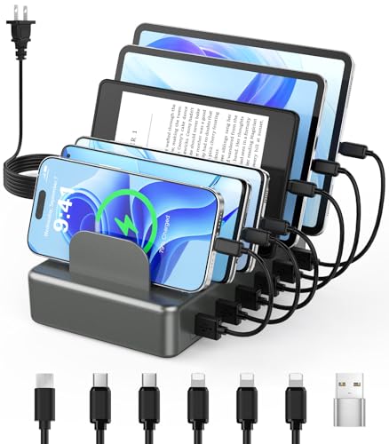 50W 6 USB Port Charging Station for Multiple Devices, Multi Charger Station | with 6 Cables, USB-A to USB-C Adapter Converter, Compatible with iPhone,iPad Kindle Tablet and Other Electronic（Space Gray) - color: Space Gray
