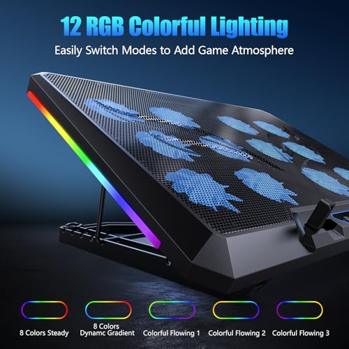 Laptop Cooling Pad with 12 Quiet Fans, Slim Portable for 12-17.3 Inch Laptop Cooler Stand, RGB Lighting, with 5 Height Adjustable, Gaming Cooling Fan Pad,Two USB Ports, Phone Holder (LCD) - size: 12Fan-LCD