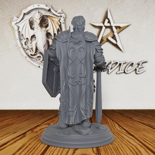 AUSPDICE Master Fighter 28mm, Unpainted Human Fantasy RPG Miniature AS227 | DND Miniature for Dungeon Masters: Armored Swordsman with Longsword and Ornate Shield for TTRPG Battles and Castle Defense