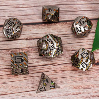 Premium Inlay Metal Dice Set, Heavy Zinc Alloy DND Dice for Serious RPG Players - color: Antique Nickel Red