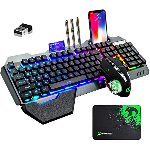 Wireless Membrane RGB Gaming Keyboard and Mouse with Rainbow Backlit-Black | Rechargeable 4800mAh Battery,Metal Panel,Ergonomic,Waterproof,Dustproof,7 Color Mute 2400 DPI Mice for Computer PC Mac Gamer - color: Black RGB