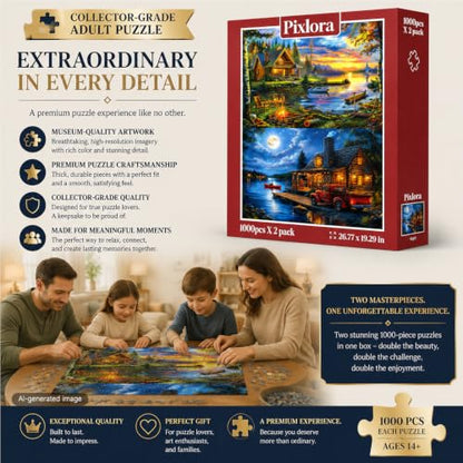 Puzzles for Adults 1000 Pieces, 2 Pack Unique 1000 Piece Lake and Night View Jigsaw Puzzles, Premium Scenic Landscape Puzzles & Nature Theme for Challenging Game Night - style: Lake&Night