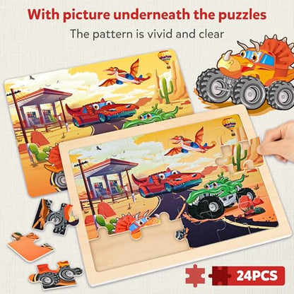 SYNARRY Large Wooden Monster Truck Puzzles for Kids Gift Box(12.2*9.4 in), 24 Piece Puzzles for Toddlers 3-5, Wood Jigsaw Puzzles for Kids Ages 4-6, Easter Basket Stuffers Gifts for Kids - style: Vehicle