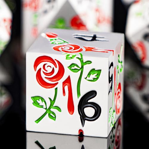 Gothic DND Dice Set Bleeding Rose Metal D and D Dice for use with Dungeons Dragons D&D Role Playing Game, Red RPG Polyhedral Dice Set D20 D12 D10 D8 D6 D4 - color: Red&silver&black Numbers
