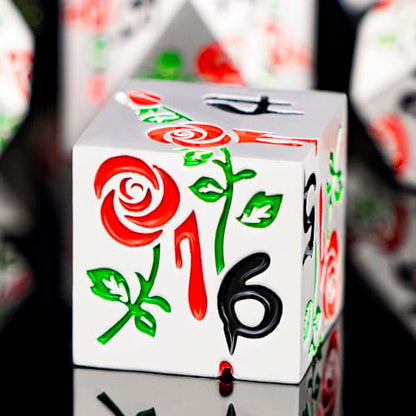 Gothic DND Dice Set Bleeding Rose Metal D and D Dice for use with Dungeons Dragons D&D Role Playing Game, Red RPG Polyhedral Dice Set D20 D12 D10 D8 D6 D4 - color: Red&silver&black Numbers
