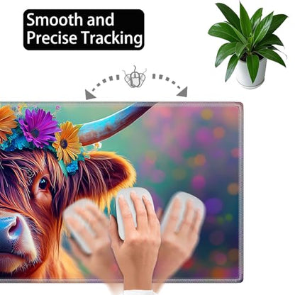 Large Gaming Mouse Pad Set with Wrist Support – 31.5" x 11.8" 4-in-1 XXL Mousepad with Keyboard Wrist Rest, Mouse Wrist Rest & Coaster – Ergonomic Desk Mat for Office, Home – Highland Cow Flower - color: Highland Cow Flower