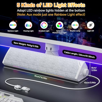 SOULION USB-Powered Wired Bluetooth Computer Speakers for PC Desktop | USB Plug & Play, 5 Dynamic RGB LED Lights Modes, for Desktop, Laptop, Office, Work, Music & Gaming - color: White