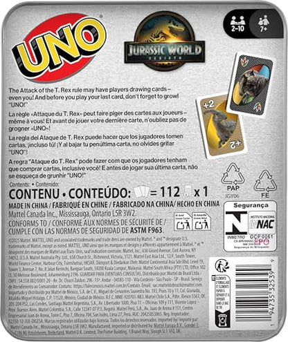 Mattel Games UNO Jurassic World Rebirth Card Game in a Collectible Tin for Kids, Adults & Family with Special Rule & Images Inspired by the Movie - style: UNO Jurassic World