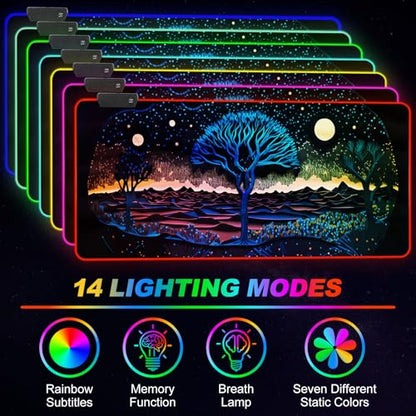 ARTSO Extra Large RGB Gaming Mouse Pad with 14 Light Modes, Extended Soft LED Mousepad, Anti-Slip Rubber Base, Computer Keyboard Mat (35.4 x15.7 Inch), Mysterious Tree - color: Mysterious Tree