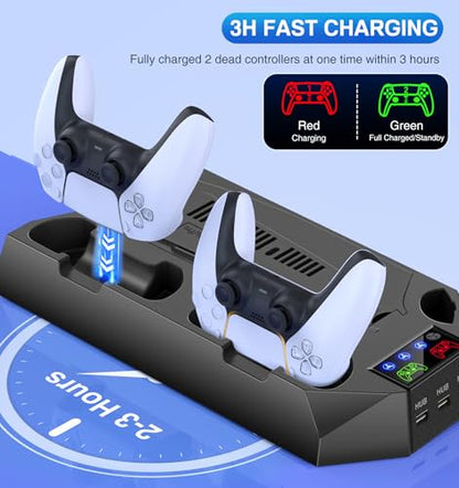 PS5/Slim/Pro Cooling Station for Playstation 5 Console Disc/Digital Edition - PS5 Slim Pro Cooling Stand with Controller Charging Station Accessories-Cooler Fan/Headset Holder/3 USB Hub, Black - color: 2-Black