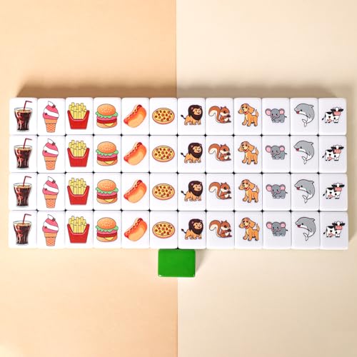 GRACIAS 2 Players Mahjong Block Set, Mahjong Tile Game with 50 Premium Green Tiles(30mm) Animal and Food Pattern, Portable Mahjongg Set with A Carry Bag - color: Green