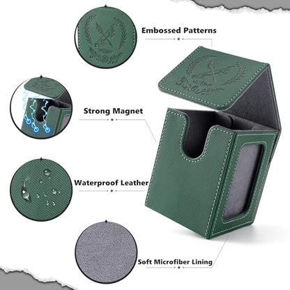 Elf Themed MTG Deck Box with Commander Display (Green and Grey) | Holds 120 Single/100 Double-Sleeved Cards, Fit MTG/PTCG/OPTCG Cards, Strong Magnet, PU Leather, With 2 Dividers & 1 Toploader - color: Elf