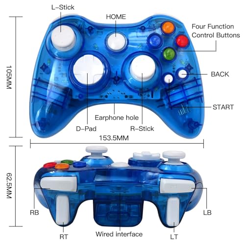 USonline911 Wireless 2.4GHz Gamepad for Xbox 360 Controller with USB Receiver, for Microsoft Xbox 360 & for PC Windows 11/10, Dual Vibration & 7-Color Custom LED Lights (Blue)