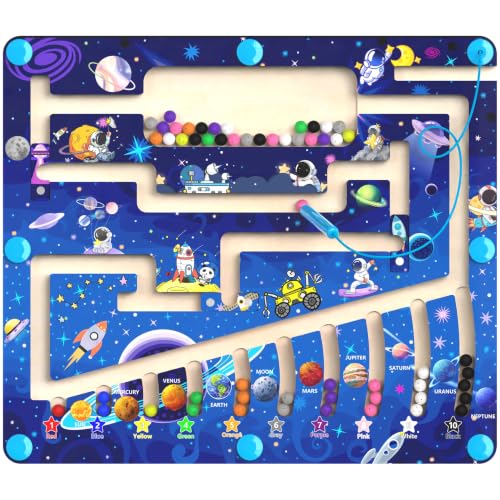 MTYOKILN Magnetic Color and Number Maze - Montessori Toy for 3 4 5 Year Old | Wooden Color Matching Learning Counting Puzzle Board for Toddler Kids - color: Space