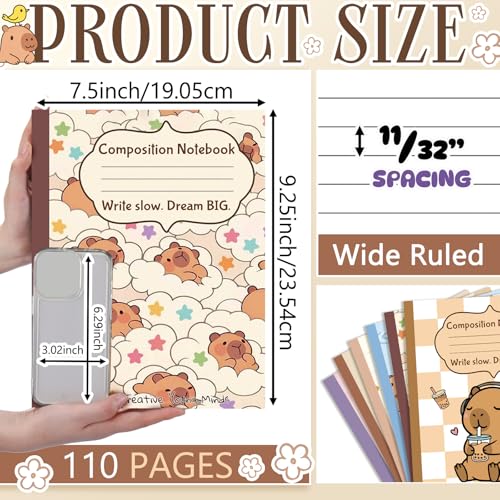 Glenmal 6 Pcs Composition Notebook Wide Ruled Cute Capy Assorted Composition Notebook 110 Page 7-1/2" x 9-1/4" Journal Gift for Back to School First Day of School Students Teacher Capy Lovers - style: Capybara