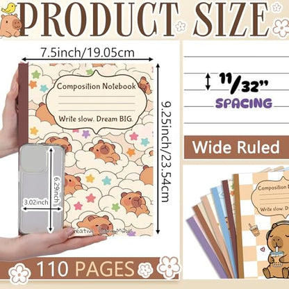 Glenmal 6 Pcs Composition Notebook Wide Ruled Cute Capy Assorted Composition Notebook 110 Page 7-1/2" x 9-1/4" Journal Gift for Back to School First Day of School Students Teacher Capy Lovers - style: Capybara