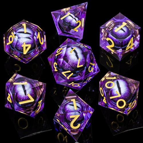 ARUOHHA DND Resin Dice Dragon Eye Dice Liquid Core Purple Sharp Edged Dice Set with Gift Box, Dungeons Polyhedral D and D Dice Set Compatible with D&D Role Playing Game D20 D12 D10 D8 D6 - color: Ly01-purple