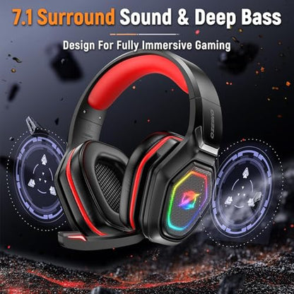 Ozeino 2.4GHz Gaming Headset Wireless with Flip Mic for Ps5, Ps4, PC, Gaming Headphones with USB-A & USB-C Transmitter, 40Hr Battery Gamer Headset for Laptop, Mobile, Mac - color: Red