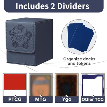 Card Deck Box with 2 Dividers, MTG Commander Deck Box Holds 100+ Double-Sleeved Cards, Leather Magnetic Deck Case Compatible with Magic TCG CCG Cards, Blue - color: 2. Blue, size: 100 Double-sleeved Cards Vertical