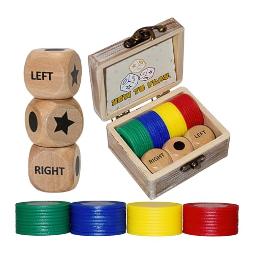 Left Right Roll Dice Game Set - 3 Wood Dice & 36 Plastic Chips in Wooden Box, Fun Family Party Dice Games for Adults, Teens & Friends, Brown - color: Brown