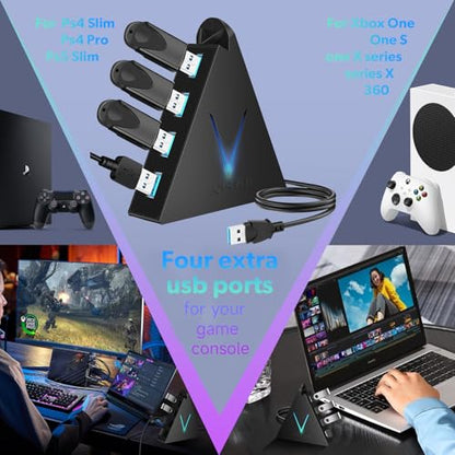 4-Port USB 3.0 Hub, FlyingVHUB USB Hub Tower with 2 ft Extended Cable,USB Splitter for Laptop,PC,PS4,PS5,Xbox,Mouse,Keyboard, Flash Drive, U-Disk (Black) - color: Black-A