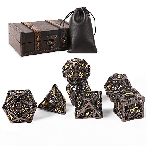 AncientDeer DND Dice Set 7 Pieces D&D Pure Copper Hollow Polyhedral | DND Dice W/ Gift Box & Dice Bag for DND RPG Explorers Savage World and Table DND Dungeons and Dragons Role Playing - color: Black Gold
