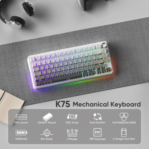 RedThunder K75 Wireless Mechanical Keyboard, CNC Knob, Tri-Mode BT5.0/2.4GHz/USB-C Hot Swappable Custom, Cremy Sound, Pre-lubed Linear Switches, RGB Gaming Keyboard, Side Fonts, Gradient White-Gray - color: S Gradient White-Gray