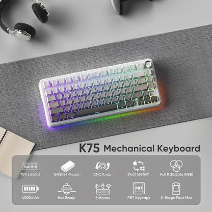 RedThunder K75 Wireless Mechanical Keyboard, CNC Knob, Tri-Mode BT5.0/2.4GHz/USB-C Hot Swappable Custom, Cremy Sound, Pre-lubed Linear Switches, RGB Gaming Keyboard, Side Fonts, Gradient White-Gray - color: S Gradient White-Gray