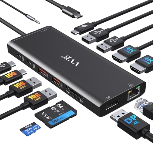 USB C Docking Station Dual Monitor for Dell/Lenovo/HP Laptop Docking Station HDMI USB C Hub Multiport Adapter Dongle Dock USB C to 2 HDMI +DisplayPort+Ethernet+4USB+2USB C+100W PD Charger+SD/TF+Audio - color: Black
