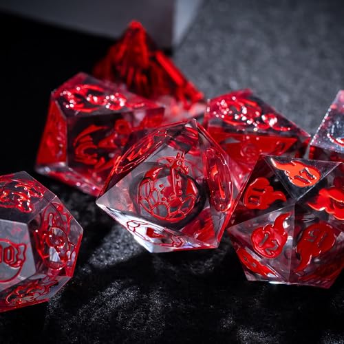 Cusdie 7-Piece Sharp Edges DND Dice Set with Dragon Pattern - Perfect for Tabletop RPGs Board Games Gifting and Collecting(Transparent Red with Balck Smoke) - color: Dragon Pattern Tr/R