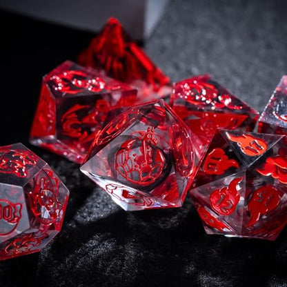Cusdie 7-Piece Sharp Edges DND Dice Set with Dragon Pattern - Perfect for Tabletop RPGs Board Games Gifting and Collecting(Transparent Red with Balck Smoke) - color: Dragon Pattern Tr/R