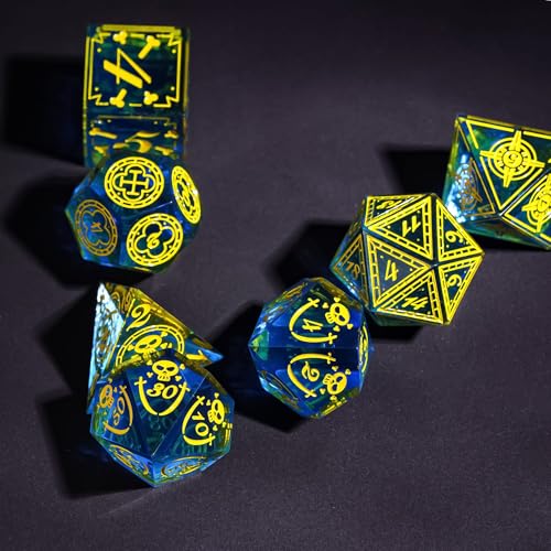 Cusdie 7-Piece Sharp Edges DND Dice Set with Pirate Design - Perfect for Tabletop RPGs Board Games Gifting and Collecting(Blue w/Yellow Pirate Pattern) - color: Blue W/Yellow Pirate Pattern