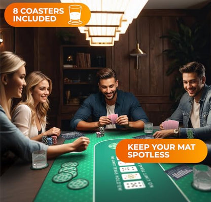Newverest Poker Table Top 70" x 35", Texas Hold'em Poker Mat for Home Game Nights Up to 10 Players, Casino| Poker Topper Cloth for Tables in Zipper Storage Bag with 8 Coasters in Poker Gift-Ready Box - color: Green