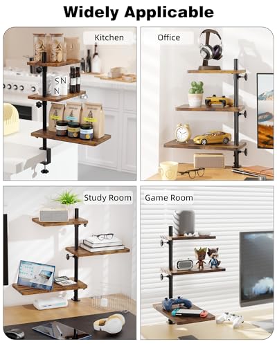 3 Tiers Clamp On Desk Shelf, 360° Angle Adjustable Desktop Shelf Organizer for Home Office Gaming Room, No Drill Desk Extender Adapt to 0.4-2.16 inches Table Thick, Black Brown - color: 3-tier Black Brown