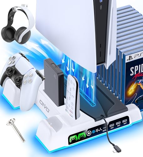 OIVO PS5/Slim/Pro Stand and Cooling Station with LED Controller Charging Station for PlayStation 5 Console, Controller Charger, Cooling Stand, PS5/Slim/Pro Accessories Kit with 3 Level Cooler Fan - color: White & Black