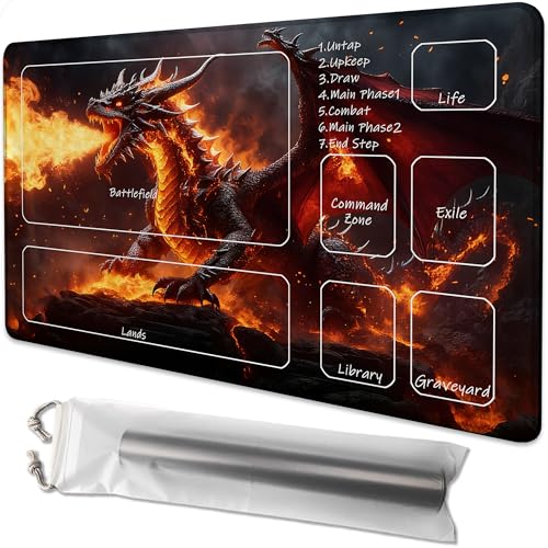 Playmat for MTG The Fire Dragon on the Rock Magic Play Mat 24x14 Inch Card Game Mat for Magic The Gathering TCG PTCG Playmat with Free Storage Bags Non-Slip Backing and Stitched Edge - color: The Fire Dragon on the Rock With Zones