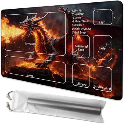 Playmat for MTG The Fire Dragon on the Rock Magic Play Mat 24x14 Inch Card Game Mat for Magic The Gathering TCG PTCG Playmat with Free Storage Bags Non-Slip Backing and Stitched Edge - color: The Fire Dragon on the Rock With Zones