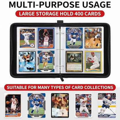 Card Binder 4 Pocket, Trading Card Holder Album Book, 50 Removable Sleeves Hold 400 Cards, PU Leather Zipper Portable Game Collection Card Case Ideal Gift (Blue) - color: Blue, size: Medium