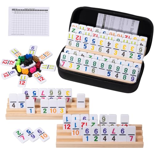 Mexican Train Dominoes Set with 4 Wooden Trays - Double 12 Dominoes Game with 91 Number Tiles, Portable Carrying Case & Accessories - Classic Family Table Game for Kids, Adults & Travel - style: Number with 4 Large Racks