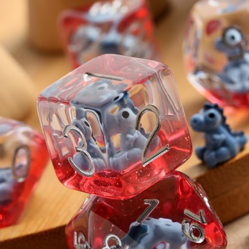 DNDND 7-Piece Baby Dinosaur Themed DND Dice Set - Resin Polyhedral Dice with Sivler Numbers for Dungeons and Dragons Pathfinder (Baby Dinosaur) - color: Baby Dinosaur