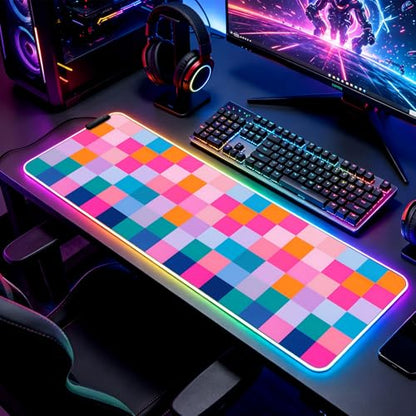 RGB Retro Coloful Checkered Gaming Desk Mat, Computer Keyboard Large Extended Long LED Mouse Pad for Office and Home, XL (W20) - color: Rgb-w20