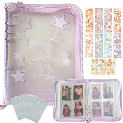 Kpop Photocard Binder Kpop Photocard Holder Book with Kpop Photocard Korean Stickers, A5 Binder Photocard Album 25 Inner Pages with 200 Pockets 6 Ring Photocard Binder Kpop (Purple Star) - color: Purple Star
