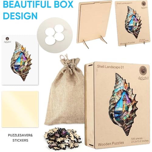 Delobil Wooden Puzzles, Shell Landscape Jigsaw Puzzles 500 Pieces, Unique Shaped Wooden Puzzle for Adults and Kids, Ghristmas Gift Family Game 23.2 x 13.2 Inch - color: Shell Landscape 01, size: 500Pcs