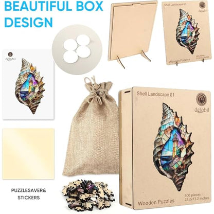Delobil Wooden Puzzles, Shell Landscape Jigsaw Puzzles 500 Pieces, Unique Shaped Wooden Puzzle for Adults and Kids, Ghristmas Gift Family Game 23.2 x 13.2 Inch - color: Shell Landscape 01, size: 500Pcs